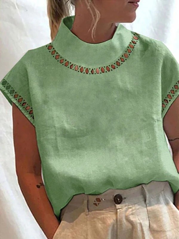 Hollow-Out High-Neck Linen Lace Casual Blouse